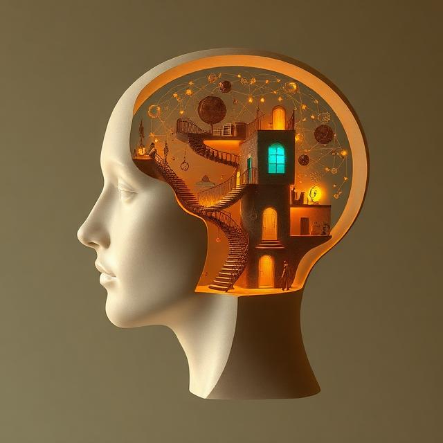 Conceptual illustration of a human mind exploring the science of human behavior through symbolic pathways, research, and psychological discovery.