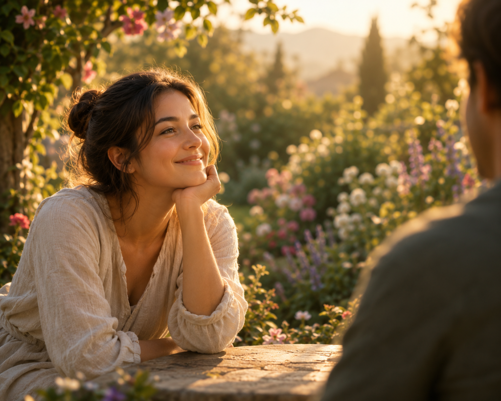Smiling woman in a peaceful garden reflecting emotional well-being, contentment, and inner peace